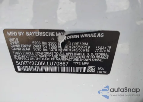 2020 BMW X3 Sdrive30I z USA, uszkodzony, nr VIN 5UXTY3C05LLU70867